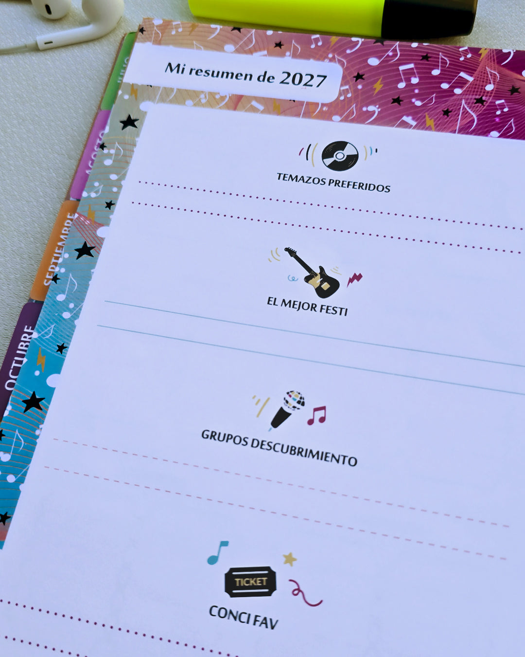 AGENDA MUSICAL 2027 · Regalo para amantes de la música, con canciones, pegatinas y guardapulseras